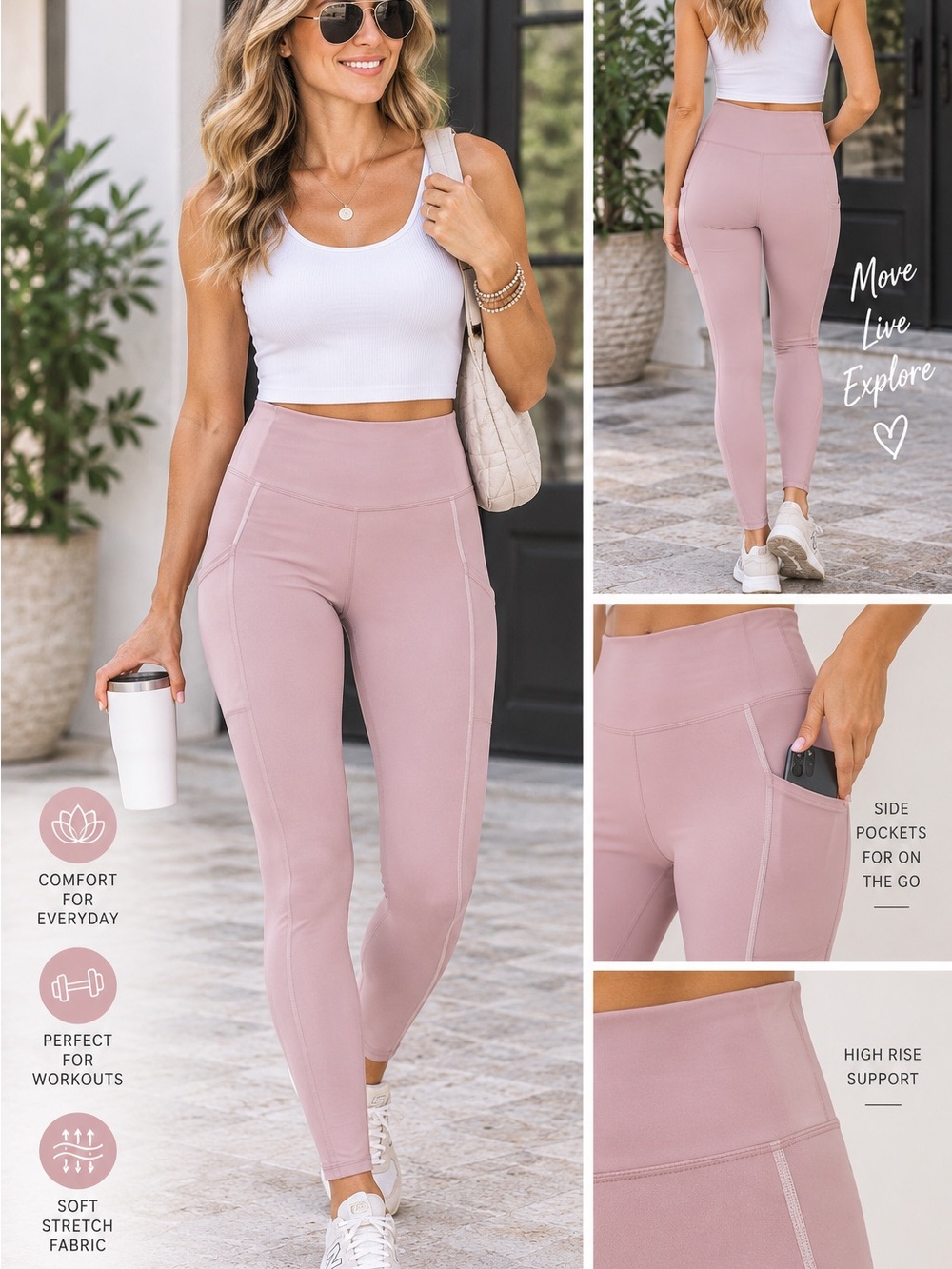 Fabletics High-Rise Leggings with side pockets in Dusty Rose